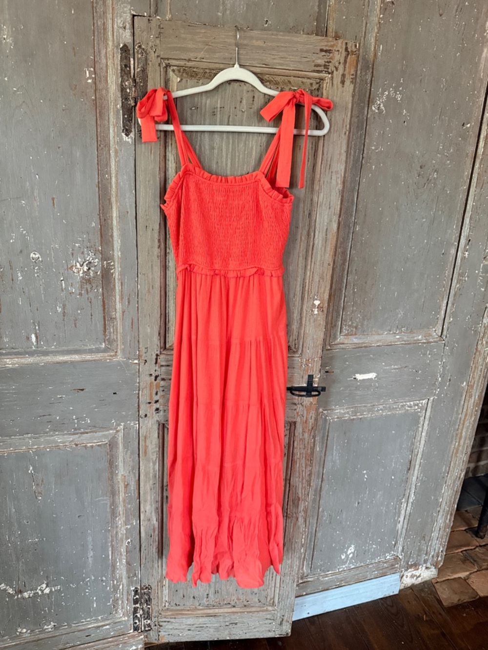 Tie-Shoulder Coral Midi Dress with Smocked Bodice